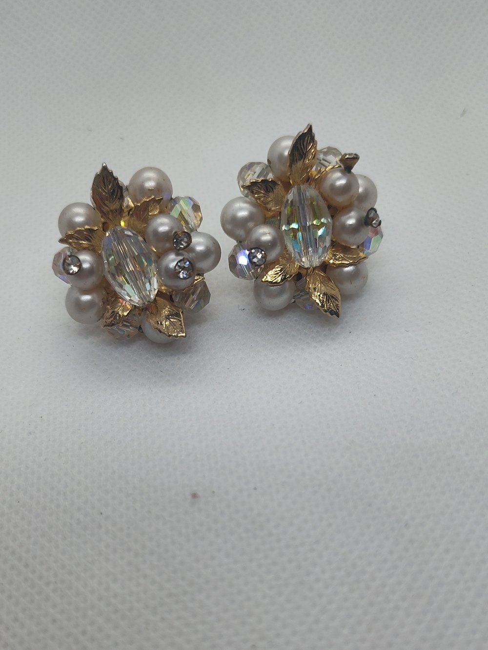 Vendome Gold Leaf Pearl Austrian Crystal Cluster Clip Earrings 1960s